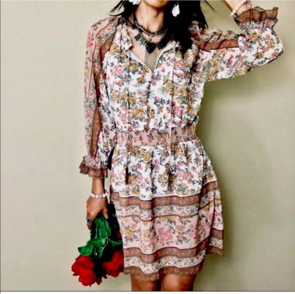 Love the Label Anthropologie Boho Floral Print sheer long sleeve dress M
